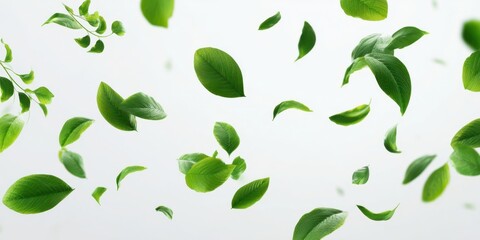 The Dancing Green Leaves Floating Against a Soft White Background