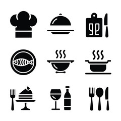 vector icons cooking food chef hat include a pizza slice, a sushi roll, spaghetti and meatballs, a curry bowl burger , fish 

