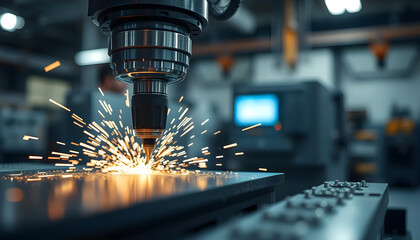 Laser cutting action in industrial workshop metal fabrication modern technology sparks flying