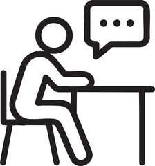 Stick Figure Sitting at Desk with Speech Bubble Icon Representing Communication and Thought Process simple