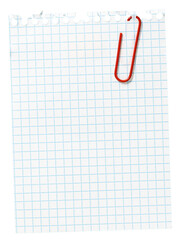 Fototapeta na wymiar Piece of blank grid Paper note with red paper clip cut out. Mockup template Design