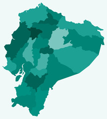 Map of Ecuador with regions. Just a simple country border map with region division. Teal color palette. Flat Ecuador shape with administrative division. Vector illustration.