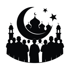 Eid prayer congregation under the crescent silhouette 