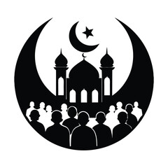 Eid prayer congregation under the crescent silhouette 