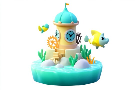 3D cartoon floating clock tower with rusty gears and tide pool in ultra high definition isometric view on white background