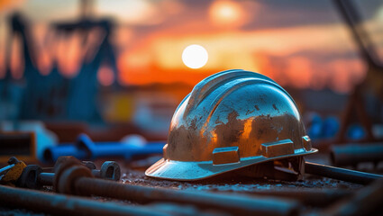 A lovely picture of a civil construction engineering helmet at sunset