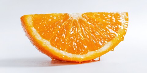 The juicy orange slice glistening with freshness on a white background.