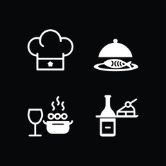 vector icons cooking food chef hat include a pizza slice, a sushi roll, spaghetti and meatballs, a curry bowl burger , fish 
