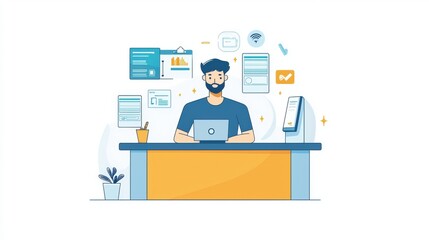 Efficient online business management man working at desk with laptop and digital documents.