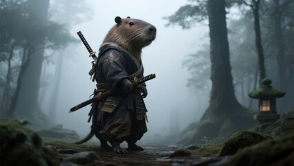 Fototapeta premium A majestic capybara samurai, adorned in traditional Japanese attire and wielding katanas, stands with quiet resolve amidst a misty forest, embodying a blend of strength and serenity
