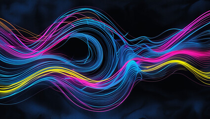 On a black background, abstract neon lines form a wave-like shape.  This dazzling illustration's vivid colours and flow give it a future design vibe.