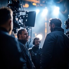 Filmmakers discussing shot on set cinematic production