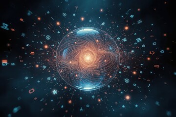 Obraz premium A radiant atomic power crystal glows within a transparent orb, pulsing with swirling energy waves, surrounded by floating digital symbols in a cosmic mist.