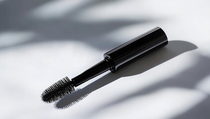 Minimalist black mascara brush with tube on white background &mdash; beauty product design for makeup and cosmetic advertising