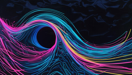 On a black background, abstract neon lines form a wave-like shape.  This dazzling illustration's vivid colours and flow give it a future design vibe.