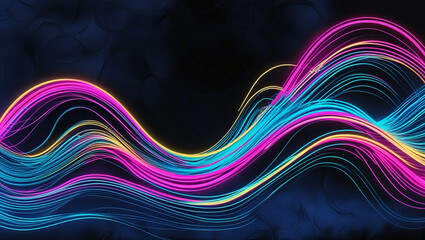 On a black background, abstract neon lines form a wave-like shape.  This dazzling illustration's vivid colours and flow give it a future design vibe.