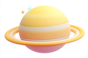 3D cartoon gas giant Saturn with gold rings and ammonia pink hues in ultra high definition isometric view on white background