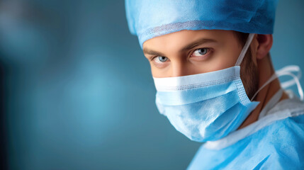 Close-up of a surgeon with a mask, focusing on the intensity in his eyes