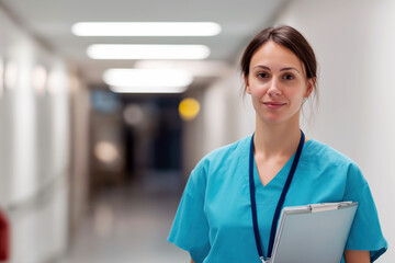 A confident female surgeon stands alone in a hospital hallway, wearing scrubs and holding a clipboard. 
