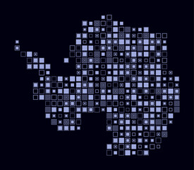 Antarctica, shape of the continent built of colored cells. Digital style map of Antarctica on a dark background. Large size square blocks. Creative vector illustration.