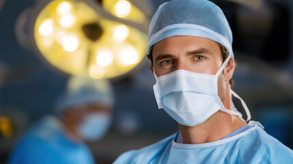 A male doctor wearing a surgical gown and gloves stands confidently in an operating room, showcasing professionalism and dedication to healthcare.