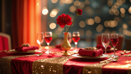 In red tones, a sumptuous dinner table is set for the new year.  Red silk, an orange curtain, and a red flower adorn the empty space on the glittering golden table where the products will be placed.