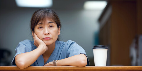 Asian nurse leans on the counter, resting her head thoughtfully on her hand. A coffee cup sits nearby as she reflects on her responsibilities in a medical environment.