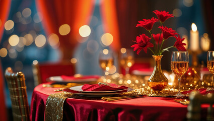 In red tones, a sumptuous dinner table is set for the new year.  Red silk, an orange curtain, and a red flower adorn the empty space on the glittering golden table where the products will be placed.