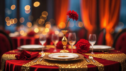 In red tones, a sumptuous dinner table is set for the new year.  Red silk, an orange curtain, and a red flower adorn the empty space on the glittering golden table where the products will be placed.