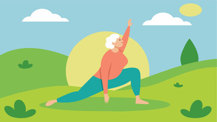 An elderly person practicing yoga on a grassy hill finding physical strength and mental peace in the embrace of nature.. Vector illustration