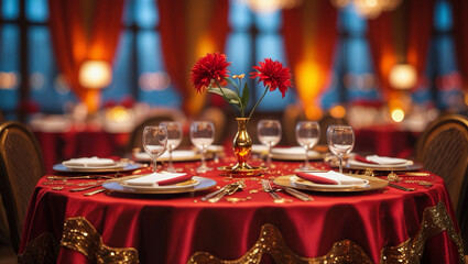 In red tones, a sumptuous dinner table is set for the new year.  Red silk, an orange curtain, and a red flower adorn the empty space on the glittering golden table where the products will be placed.