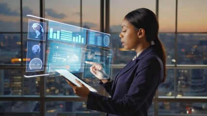 A dedicated professional uses a hightech tablet, engaging vivid data visuals illustrate dynamic intersection of business and technology, especially in data analysis and visualization