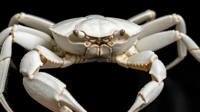 Isolated white crab in a studio setting with a black background, showcasing the details of its shell and claws.