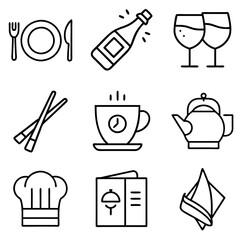 Food and beverage icon set illustration featuring dining essentials for culinary concepts