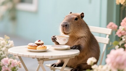 Adorable capybara enjoys a delightful tea party with pastries at a charming outdoor cafe surrounded by flowers, creating a whimsical and heartwarming scene