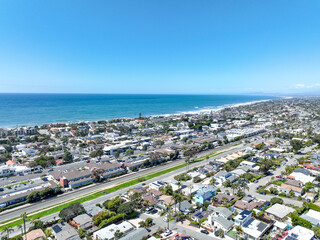 Aerial view of wealthy Encinitas town with blue ocean in San Diego, South California, USA. 