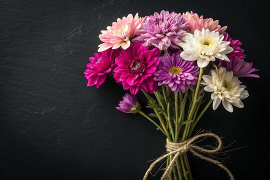 Bouquet of flowers on blck background.
Image of gift or present. Gifts. Celebration. Gratitude. Celebrate.