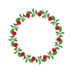 Summer floral wreath with cherry and their foliage. Round frame of berries and leaves on twig. Decoration element for cards and seasonal decor. Vector flat illustration.
