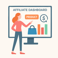 Flat Style Affiliate Dashboard Illustration with Woman Presenting Business Data