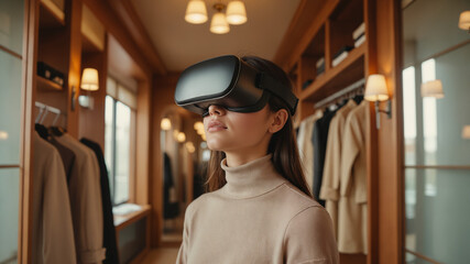 Virtual Dressing Room Experience – Young Woman with VR Headset in Elegant Walk-in Closet for Fashion Technology Apps, E-commerce Solutions, and Trying Clothes in Virtual Fitting Room