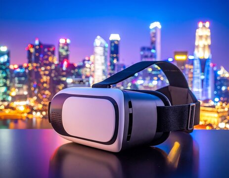 Fototapeta VR headset on table, city lights background