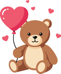 Cute teddy bear holding heart shaped balloon surrounded by floating hearts vector illustration 