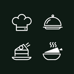 vector icons cooking food chef hat include a pizza slice, a sushi roll, spaghetti and meatballs, a curry bowl burger , fish 
