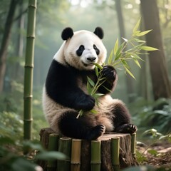 Obraz premium A cute panda sitting on a tree stump in a bamboo forest, contentedly munching on bamboo shoots, creating a serene and captivating scene of nature's beauty and tranquility .