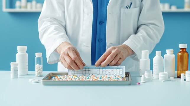 Pharmacist preparing medication precise pill dispensing in pharmacy