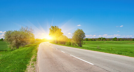 Curved rural road through green fields and trees under blue sky