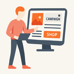 Flat Illustration of Man Presenting a Campaign Website on a Monitor