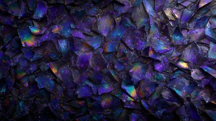 A close-up abstract image of dark, iridescent crystal shards in shades of deep blue, purple, and hints of rainbow colors, creating a textured and shimmering surface.