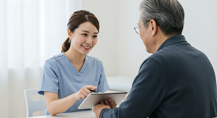 Caring Nurse or Doctor Discussing Medical Results with Senior Patient Using Tablet in Clinic