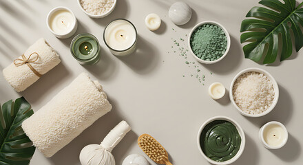 Overhead View: Spa Retreat Essentials with Candles, Bath Salts, and Mud Masks